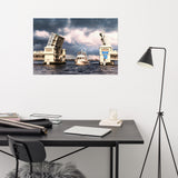Stormy Drawbridge and Boat Racing Towards the Sun Coastal Landscape Photograph Loose Wall Art Print