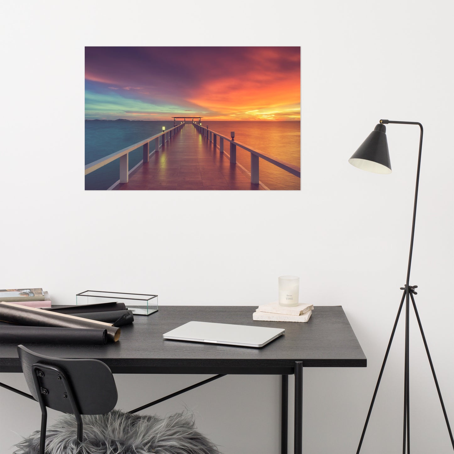 Modern Home Office Wall Decor: Surreal Wooden Pier At Sunset with Intrigued Effect Landscape Photo Loose Wall Art Prints