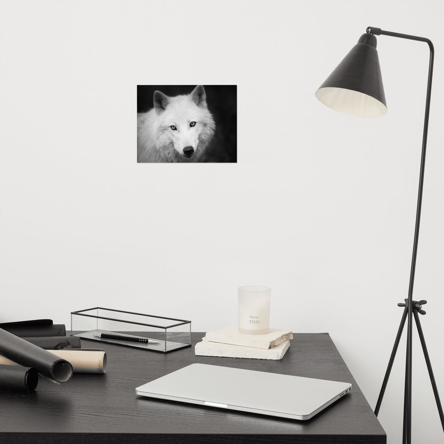 Black and White Portrait of White Wolf In The Forest Loose Wall Art Print